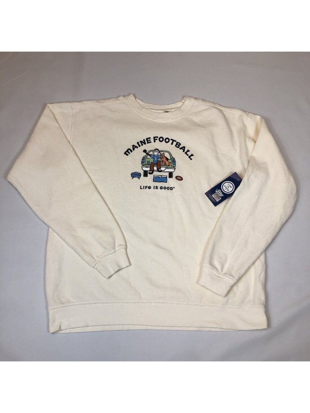 NWT Life IS Good Blue 84 University Maine Football Crewneck Mens Large